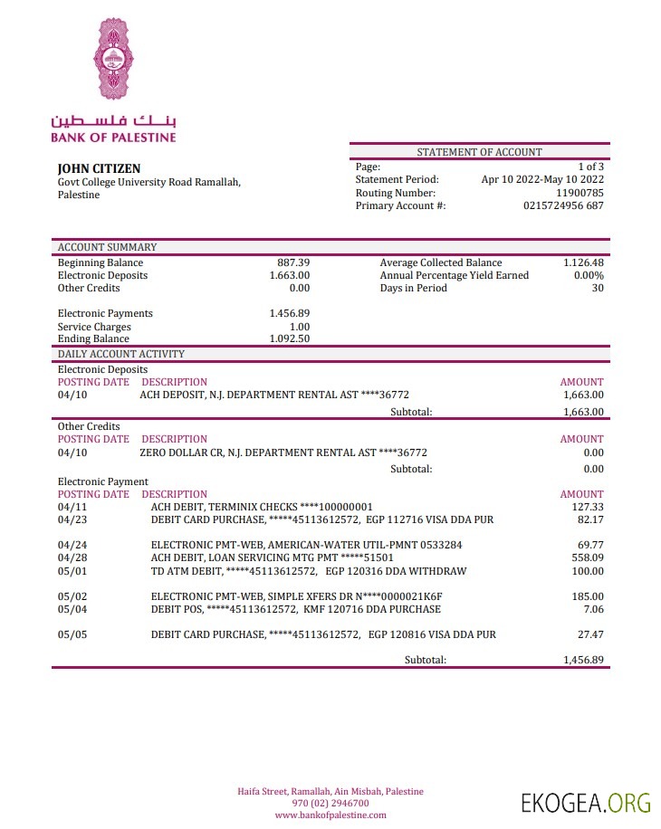Relevé bancaire de la Banque palestinienne de Palestine
